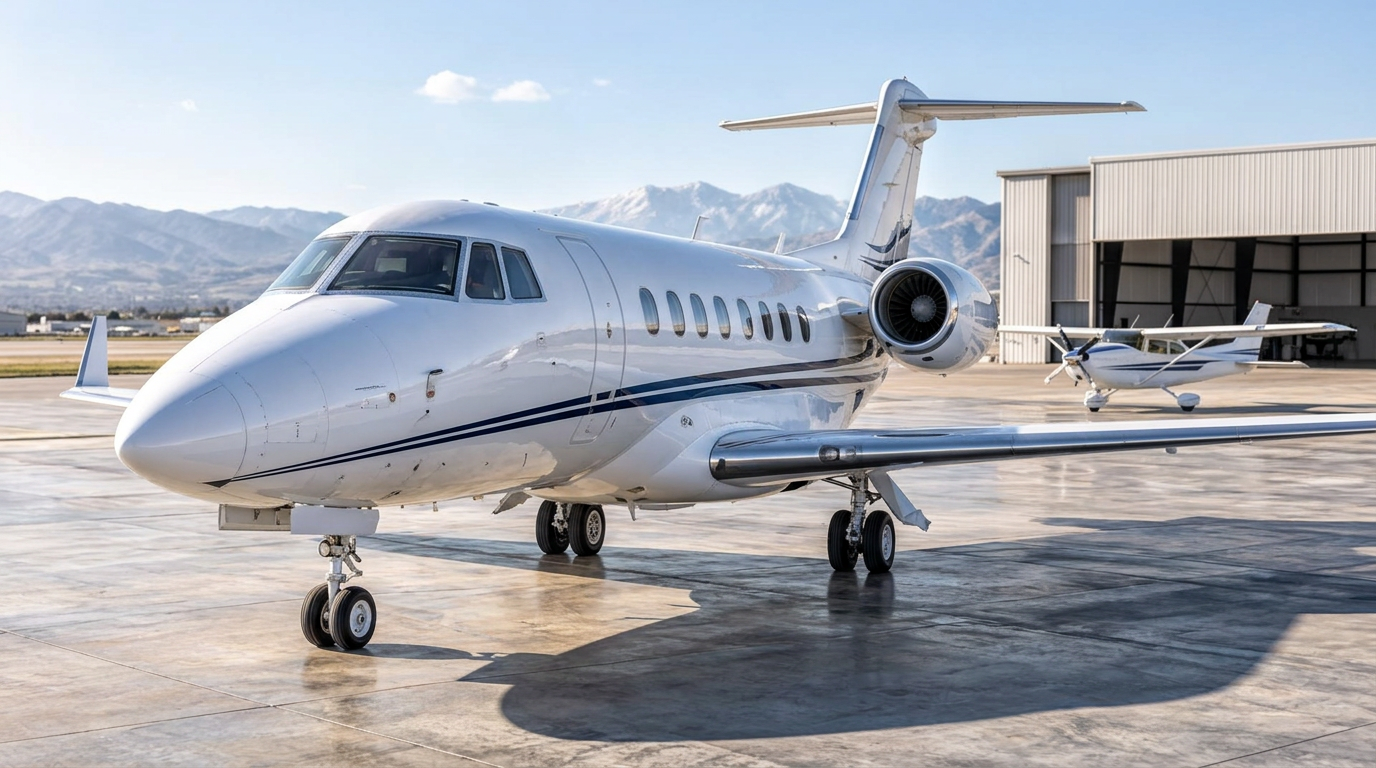 White business jet on a sunlit ramp with a small single-engine airplane in the background